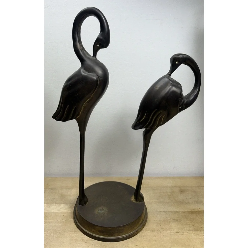 VINTAGE PAIR CHINESE BRASS‎ STORKS CRANE BIRDS STANDING ON BASE